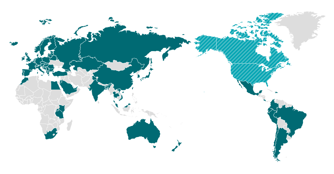 Map showing countries in North America operating e-waste collection and recycling programs