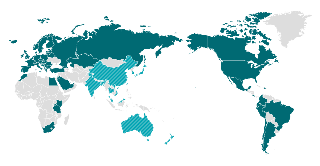 Map showing countries in Asia/Oceania operating e-waste collection and recycling programs