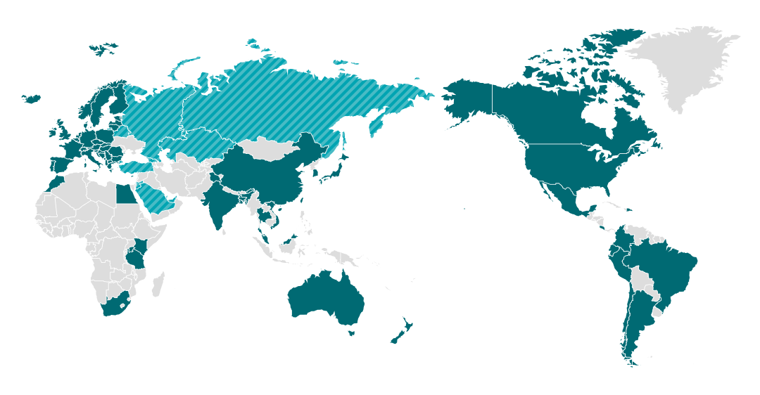 Map showing countries in Middle East/CIS operating e-waste collection and recycling programs
